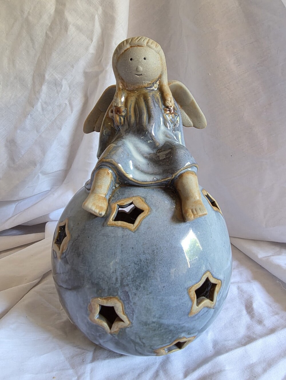 Ceramic Angel Sitting on Sphere Stars World Tea-light Holder Handmade 9 1/2”